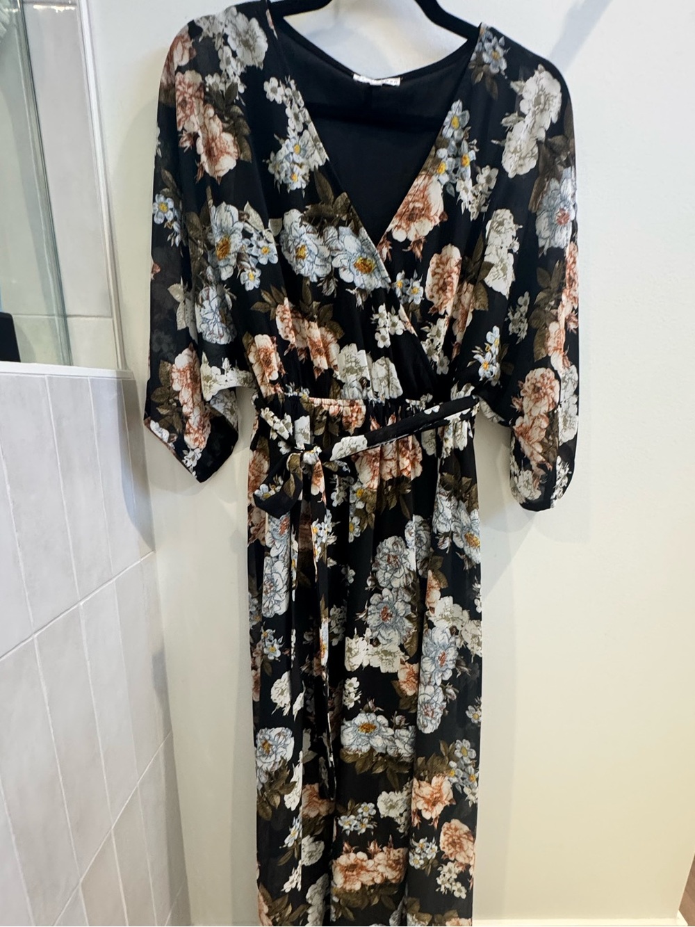 Baltic Born Black Floral Wrap Maxi Dress kimono women XL